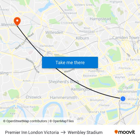 Premier Inn London Victoria to Wembley Stadium map
