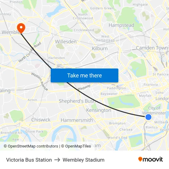 Victoria Bus Station to Wembley Stadium map