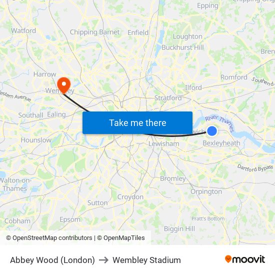 Abbey Wood (London) to Wembley Stadium map