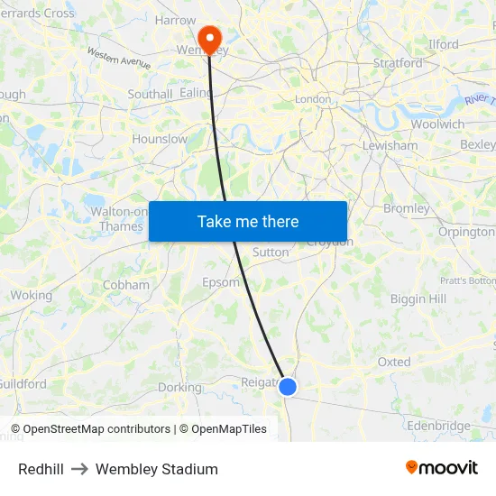Redhill to Wembley Stadium map