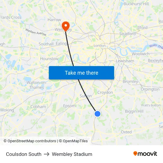 Coulsdon South to Wembley Stadium map