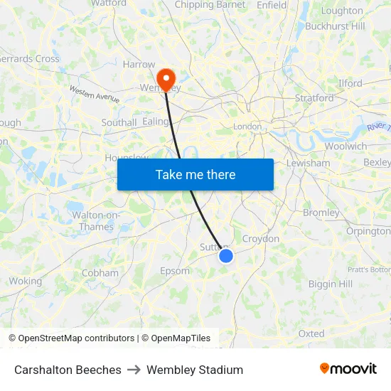 Carshalton Beeches to Wembley Stadium map