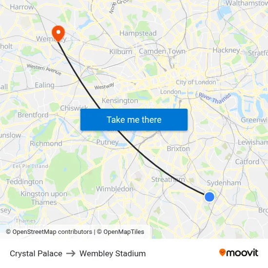 Crystal Palace to Wembley Stadium map