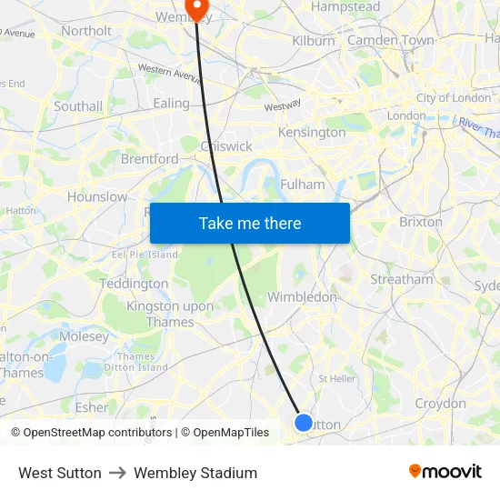 West Sutton to Wembley Stadium map