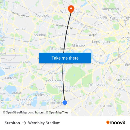 Surbiton to Wembley Stadium map