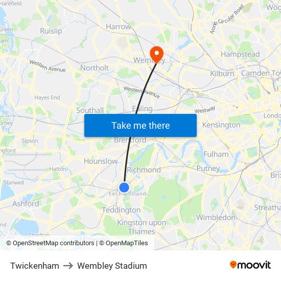 Twickenham to Wembley Stadium map