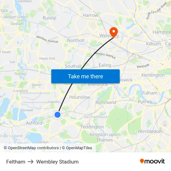 Feltham to Wembley Stadium map