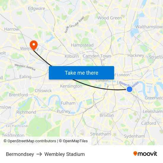 Bermondsey to Wembley Stadium map