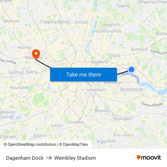 Dagenham Dock to Wembley Stadium map