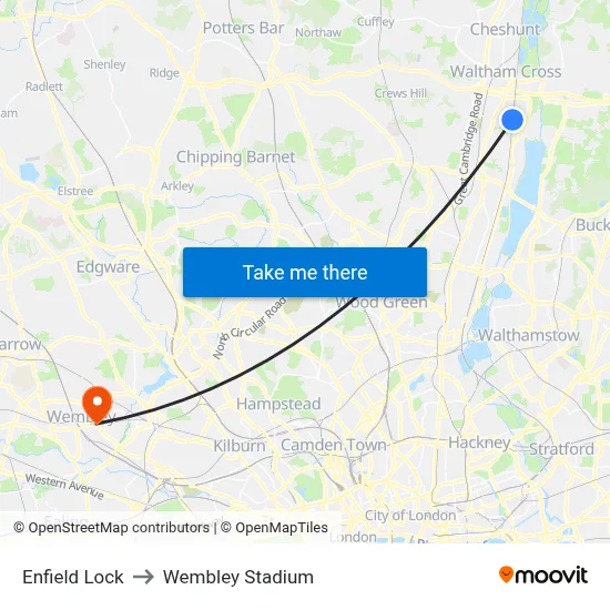 Enfield Lock to Wembley Stadium map