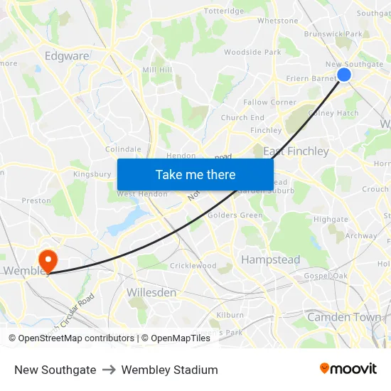 New Southgate to Wembley Stadium map