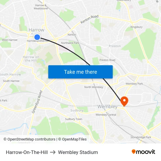Harrow-On-The-Hill to Wembley Stadium map