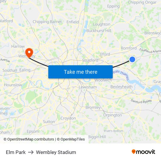 Elm Park to Wembley Stadium map
