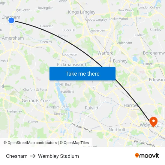 Chesham to Wembley Stadium map