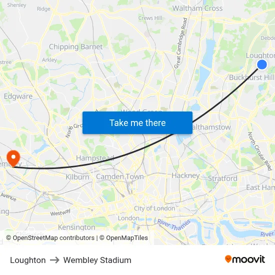 Loughton to Wembley Stadium map
