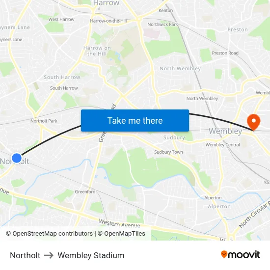 Northolt to Wembley Stadium map