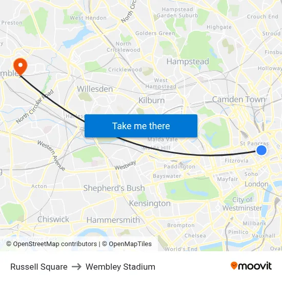 Russell Square to Wembley Stadium map