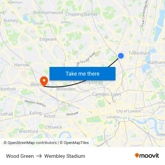 Wood Green to Wembley Stadium map