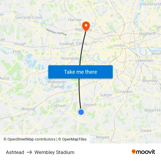 Ashtead to Wembley Stadium map