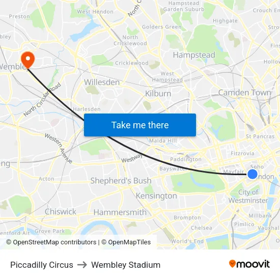 Piccadilly Circus to Wembley Stadium map