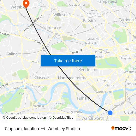 Clapham Junction to Wembley Stadium map