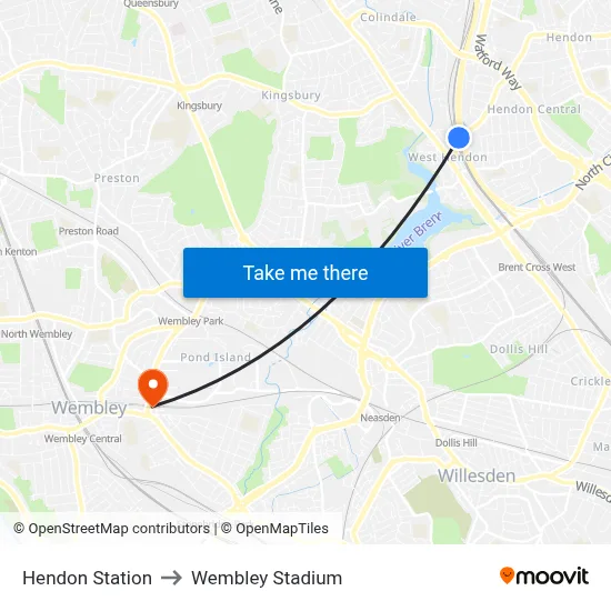 Hendon Station to Wembley Stadium map