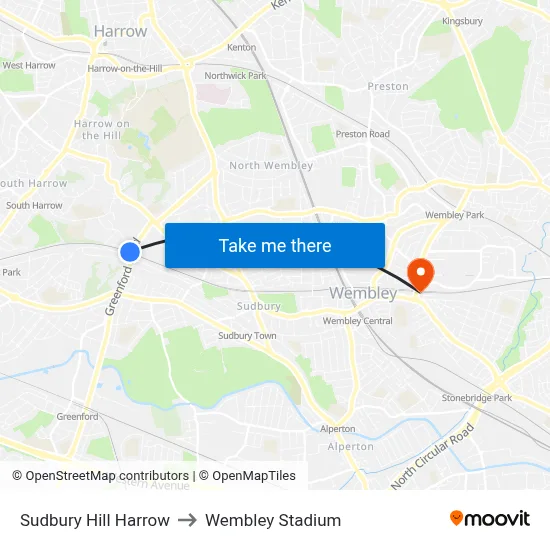 Sudbury Hill Harrow to Wembley Stadium map
