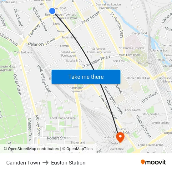 Camden Town to Euston Station map