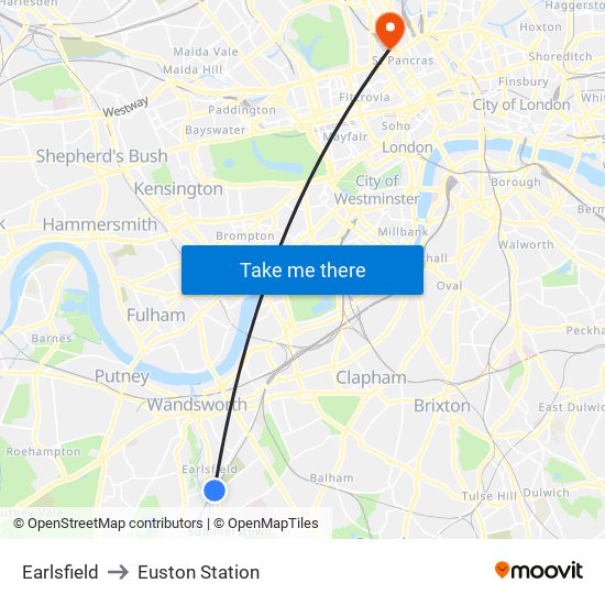 Earlsfield to Euston Station map
