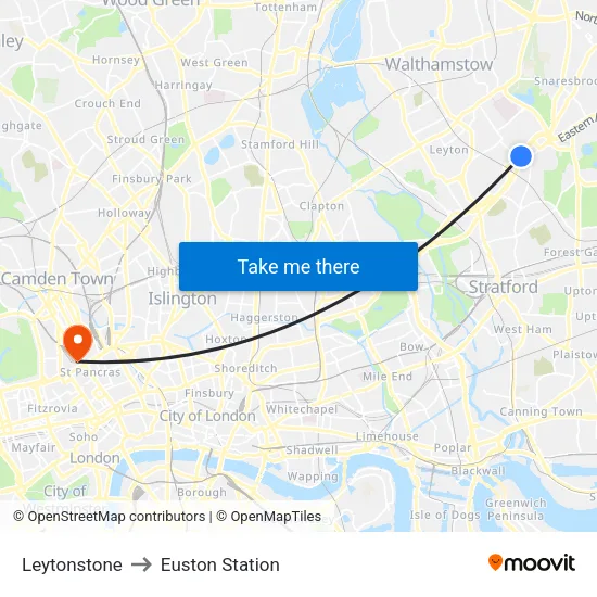 Leytonstone to Euston Station map