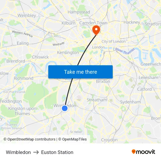 Wimbledon to Euston Station map