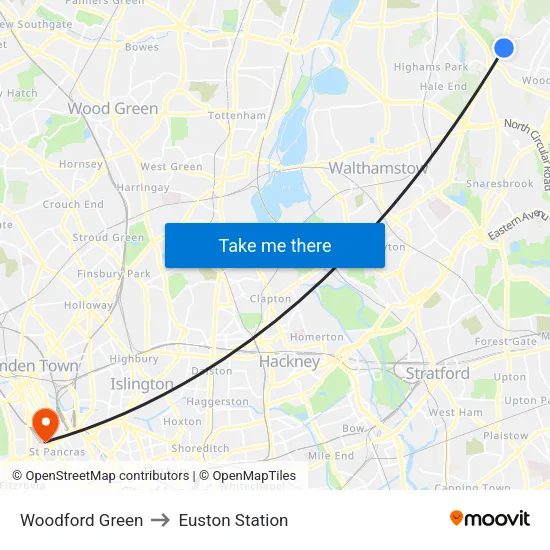 Woodford Green to Euston Station map