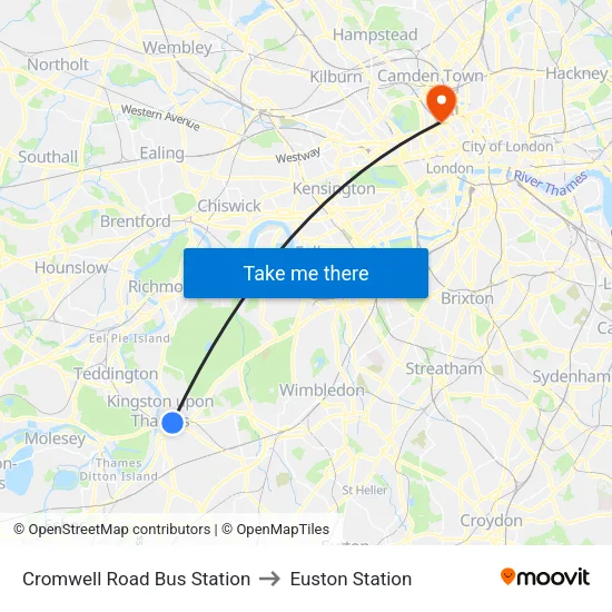 Cromwell Road Bus Station to Euston Station map