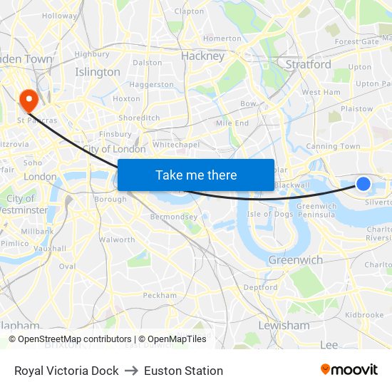 Royal Victoria Dock to Euston Station map