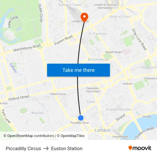 Piccadilly Circus to Euston Station map