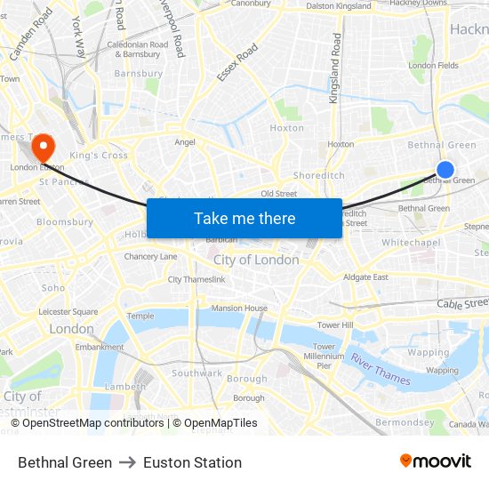 Bethnal Green to Euston Station map