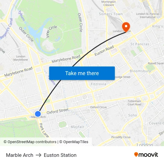 Marble Arch to Euston Station map