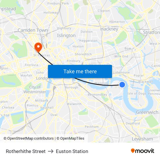 Rotherhithe Street to Euston Station map