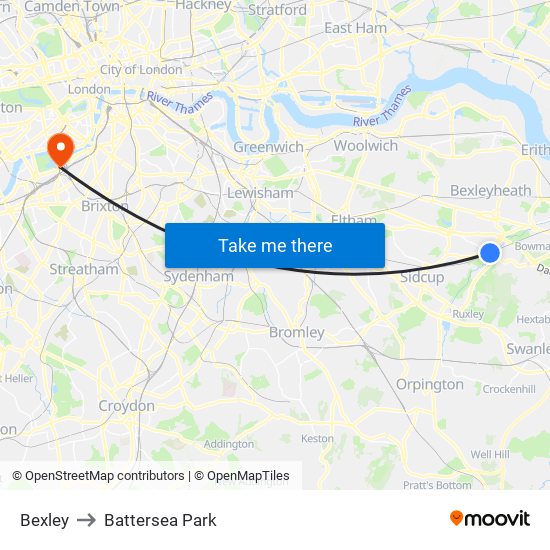 Bexley to Battersea Park map