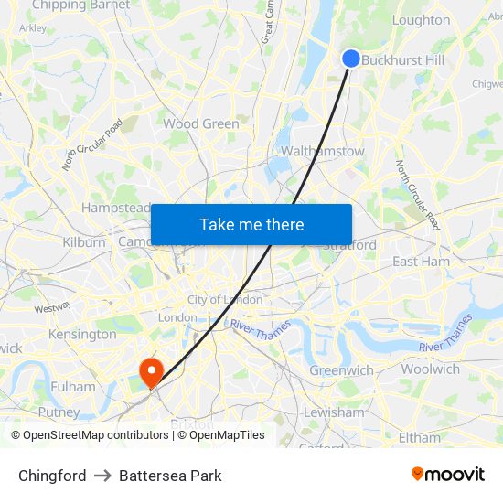 Chingford to Battersea Park map