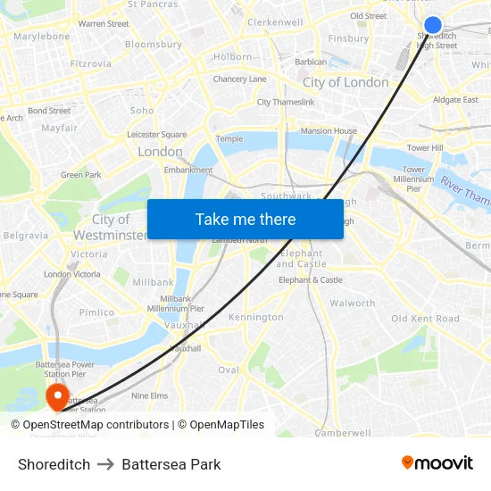 Shoreditch to Battersea Park map