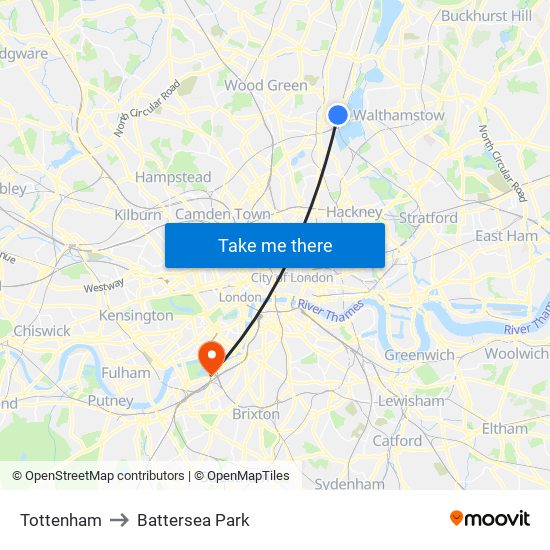 Tottenham to Battersea Park map