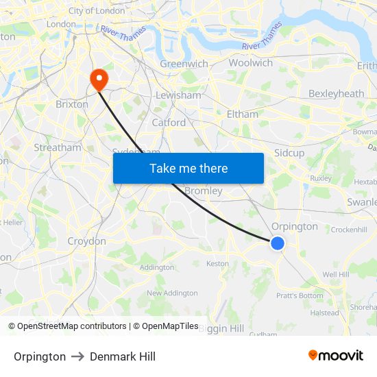 Orpington to Denmark Hill map