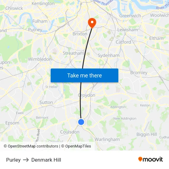 Purley to Denmark Hill map