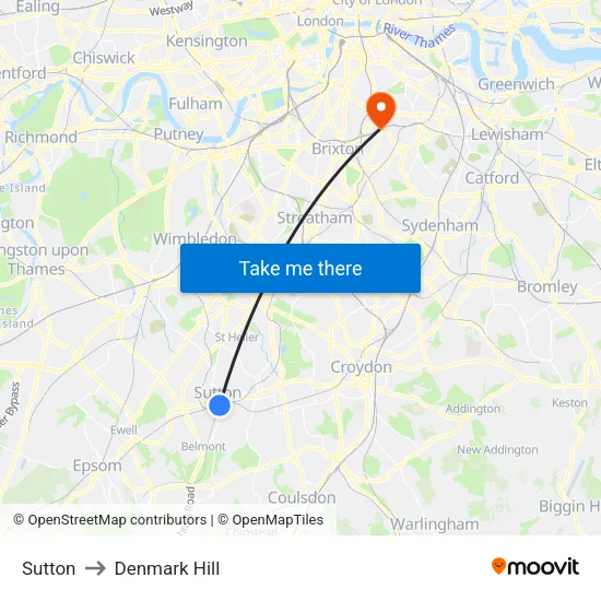 Sutton to Denmark Hill map