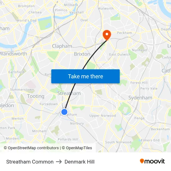 Streatham Common to Denmark Hill map