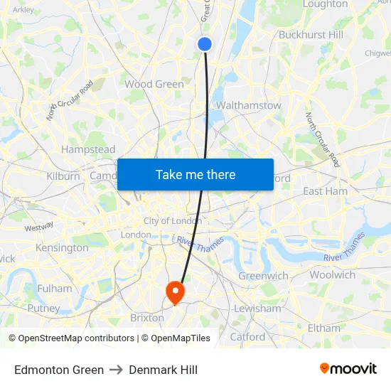 Edmonton Green to Denmark Hill map