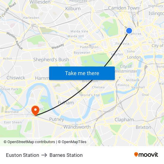 Euston Station to Barnes Station map