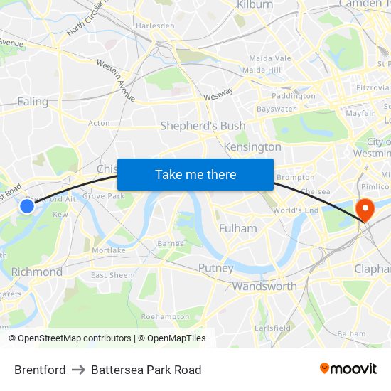 Brentford to Battersea Park Road map