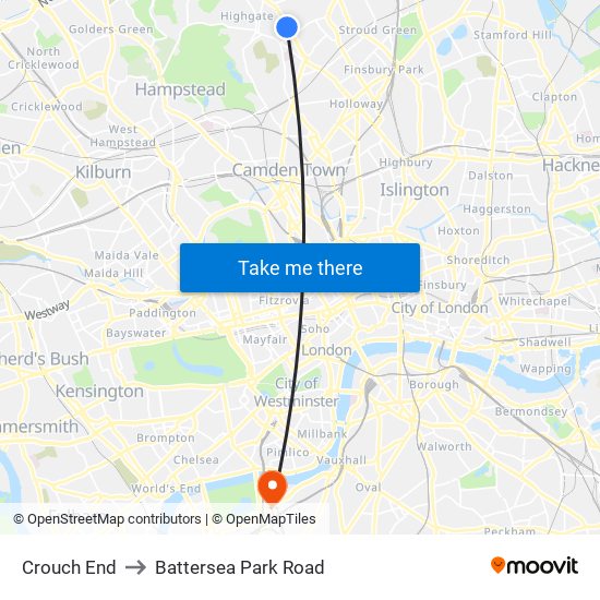 Crouch End to Battersea Park Road map